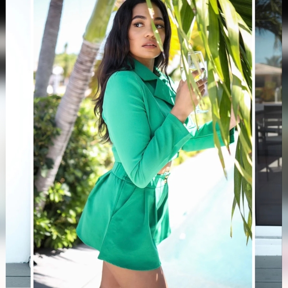 NWT GREEN DOUBLE BREASTED CROPPED MINI SHORT MATCHING SET SIZE: SMALL-LARGE - Picture 8 of 11